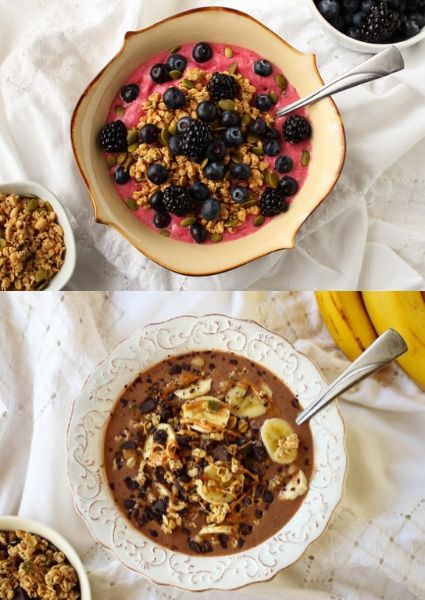 Raspberry Mango and Chocolate Peanut Butter & Banana Smoothie Bowl