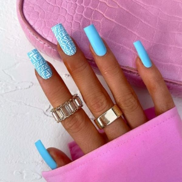 Blue Fendi Acrylic Nails