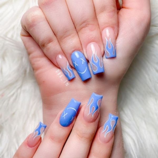 Blue Flames Acrylic Nails