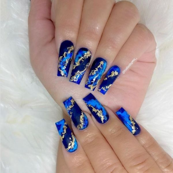 Blue Gold Flakes Acrylic Nails