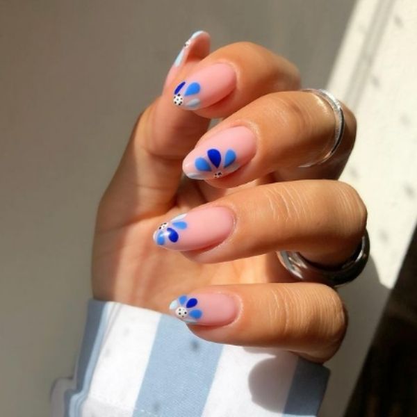 Blue Gradient Spring Floral Acrylic Nails