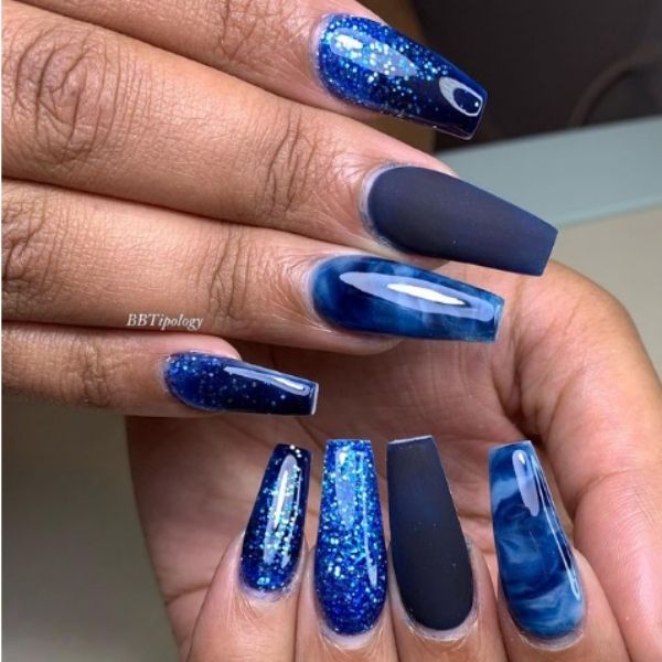 Blue Matte and Glossy Acrylic Nails