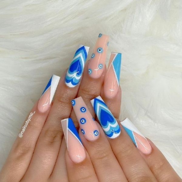 Blue and Light Pink Acrylic Nails