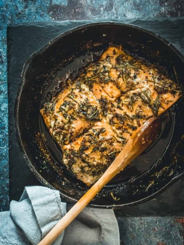 Cast-Iron Sockeye Salmon with Mustard, Honey, and Wild Herbs