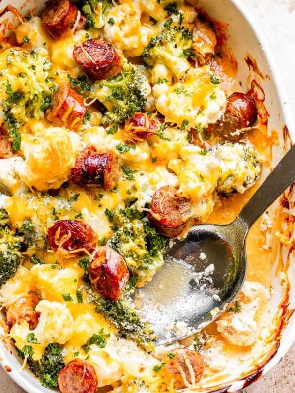 Cheesy Broccoli, Smoked Sausage and Cauliflower Casserole