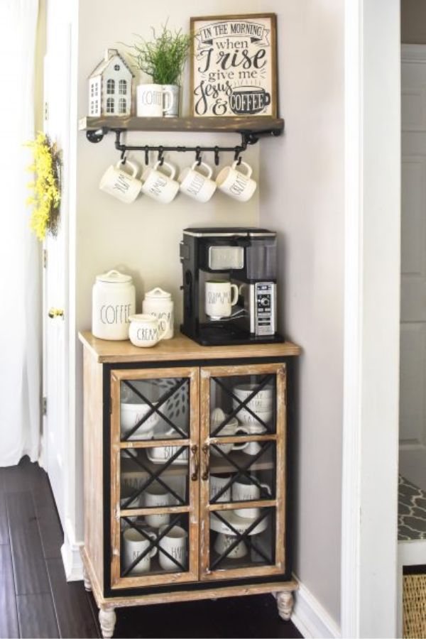 Farmhouse_Coffee_Bar with DIY Floating Shelf and Mug Rack