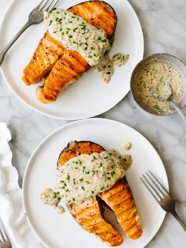 Grilled Salmon Steaks with Creamy Mustard Chives Sauce