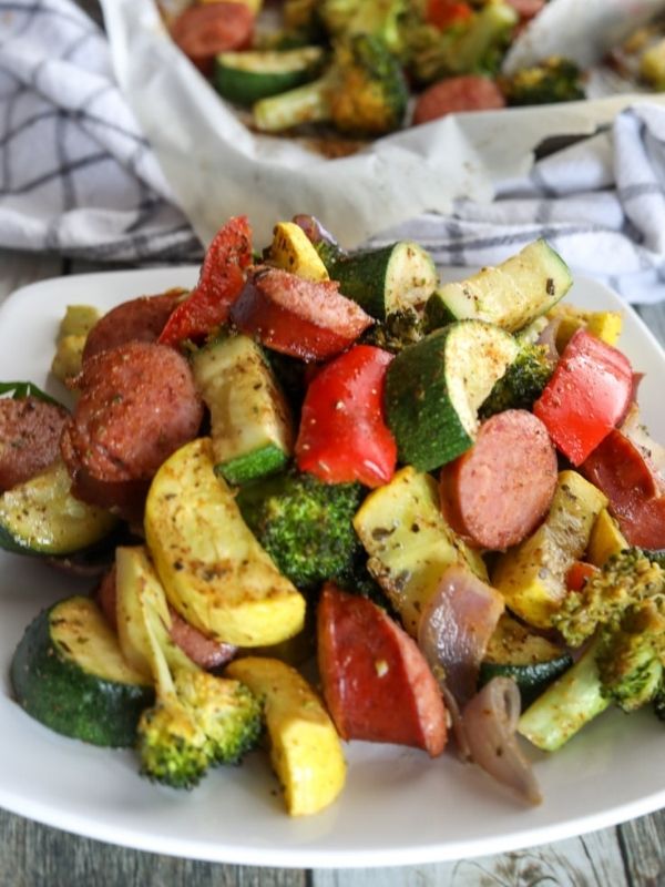 Keto Sheet Pan Smoked Sausage Veggies