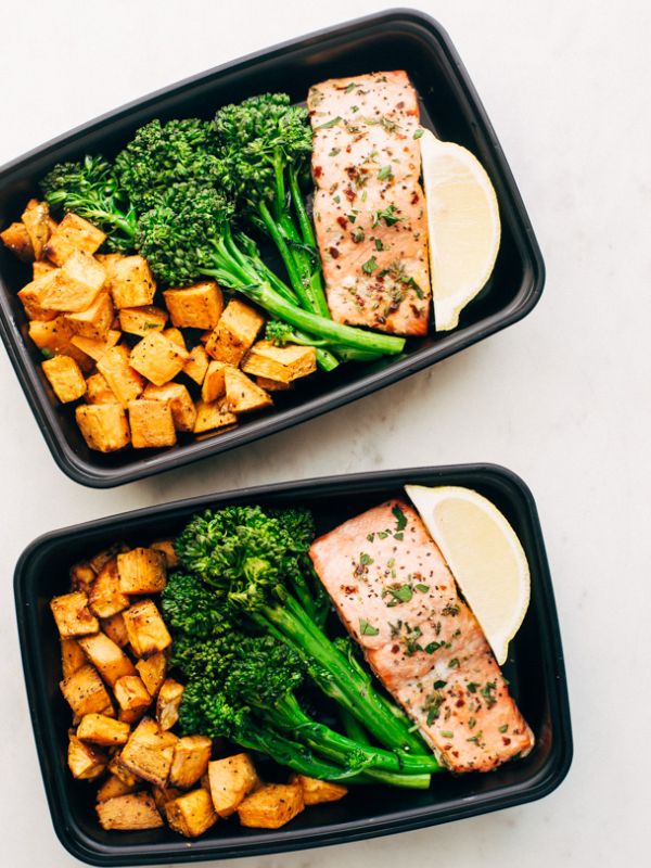 Lemon Roasted Salmon with Sweet Potatoes and Broccolini