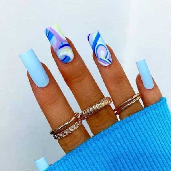 Modern Abstract Blue Acrylic Nails