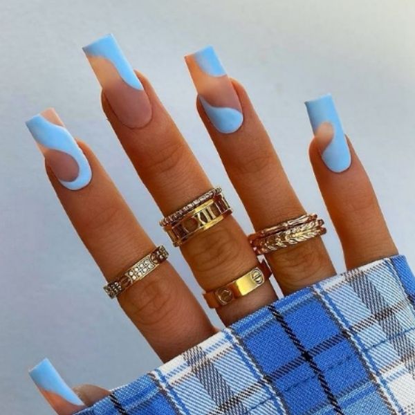 Nude and Blue Swirl Matte Acrylic Nails