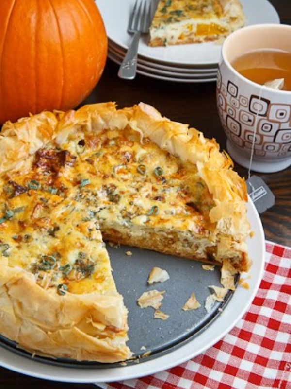 Roasted Pumpkin Quiche with Caramelized Onions, Gorgonzola and Sage